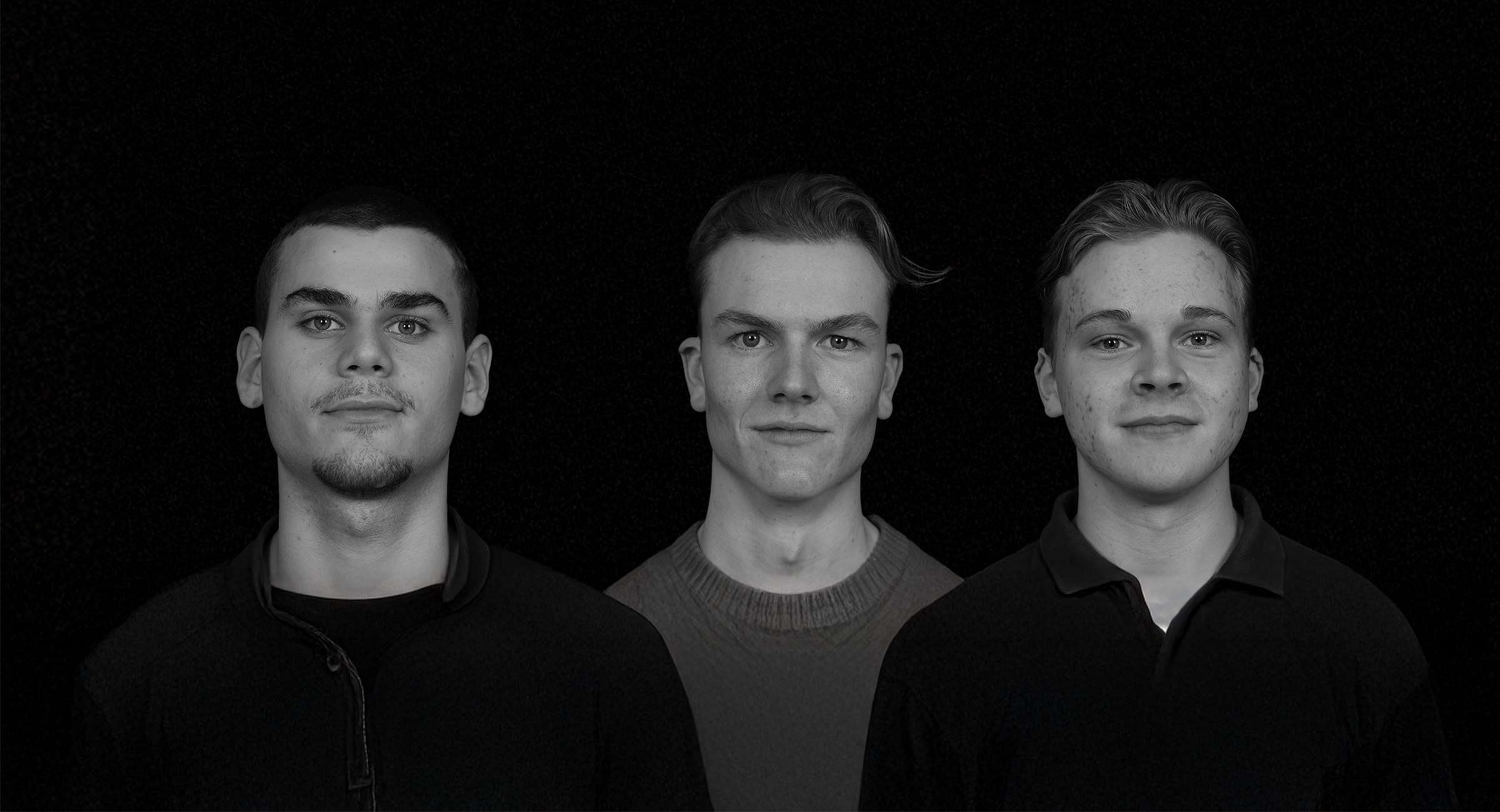 Professionele zwart-wit teamfoto van het oprichtersteam van Advantum, met Jort Kemp, Kjell van Vuren en Loek Boerlage – startup in duurzame fitnessproducten.