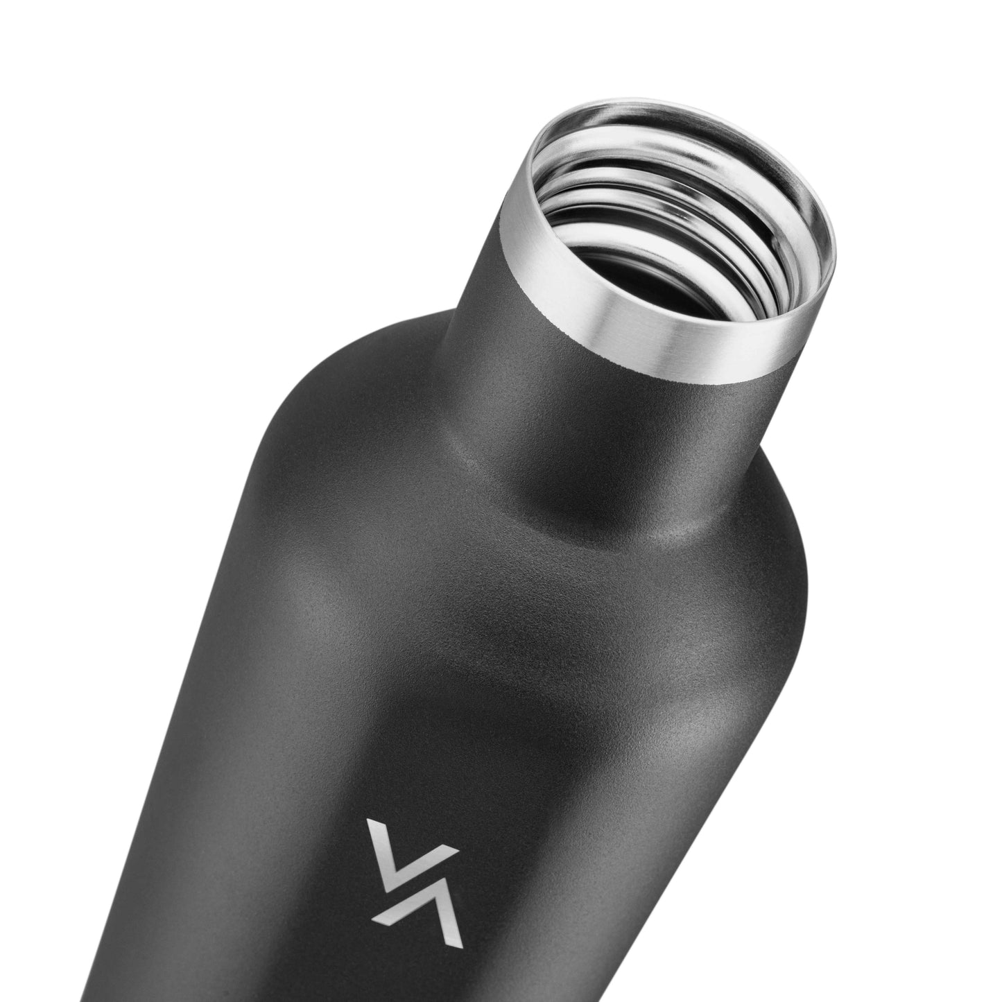 Close-up van de open Advantum Sip Safe 500ml RVS drinkfles met zichtbare schroefdraad en dubbelwandige isolatie.
