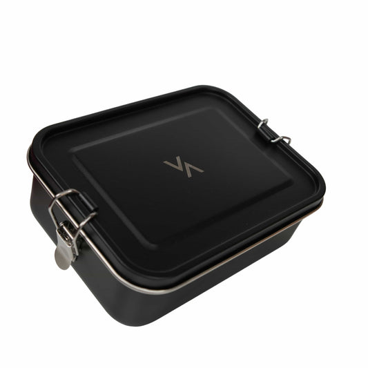 Snack Safe – duurzame roestvrijstalen lunchbox in zwart design, lekvrij en plastic-vrij, geschikt voor mealprep en snacks.