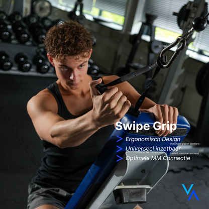 Advantum Swipe Grip met ergonomisch design voor universeel gebruik bij pull day oefeningen op kabelmachine.